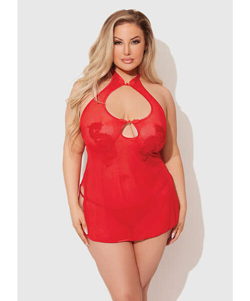 Dragon Mesh & Applique Chemise w/G-String 2 pc Set - Red 3X/4X