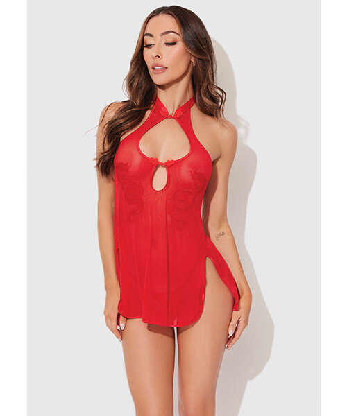 Dragon Mesh & Applique Chemise w/G-String 2 pc Set - Red LG