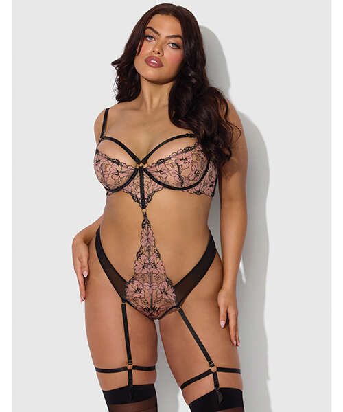 Nova Lace Teddy w/Garters - Black 1X/2X