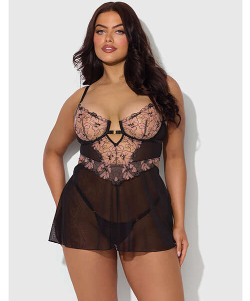 Nova Lace & Mesh Babydoll w/G-String 2 pc Set - Black 1X/2X