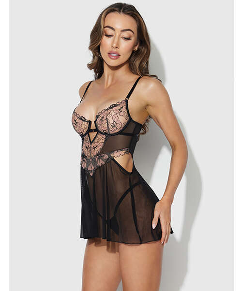 Nova Lace & Mesh Babydoll w/G-String 2 pc Set - Black LG