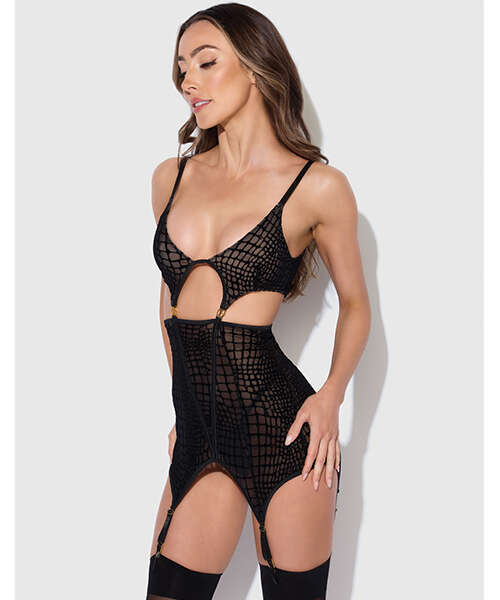 Snake Velvet-Burnout Mesh Chemise & G-String Set - Black XL