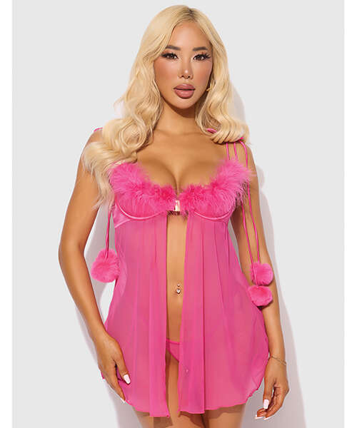 Marilyn Marabou & Mesh Babydoll & G-String Set - Pink 3X/4X