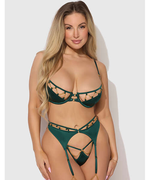 Evangeline Satin & Chain Push Up Bra, Thigh Garter Belt & G-String Set - Green XL
