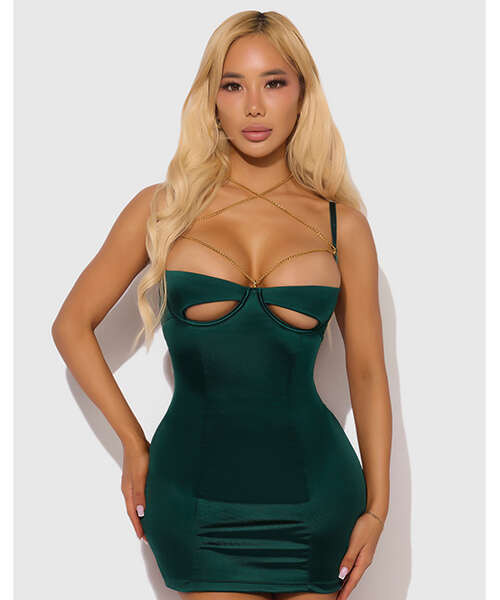Evangeline Satin & Chain Open Cup & Back Chemise & G-String Set - Green XL