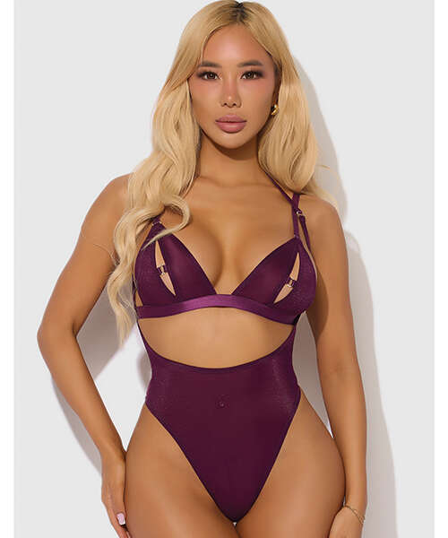 Yasmine Shimmer Mesh Slit Cup, Backless Teddy & Bralette Set - Burgundy MD