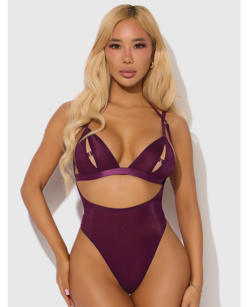 Yasmine Shimmer Mesh Slit Cup, Backless Teddy & Bralette Set - Burgundy SM