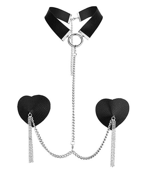 Nipplicious Dominatrix Leather Collar & Pasties w/Chain - Black
