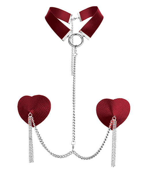 Nipplicious Dominatrix Leather Collar & Pasties w/Chain - Red