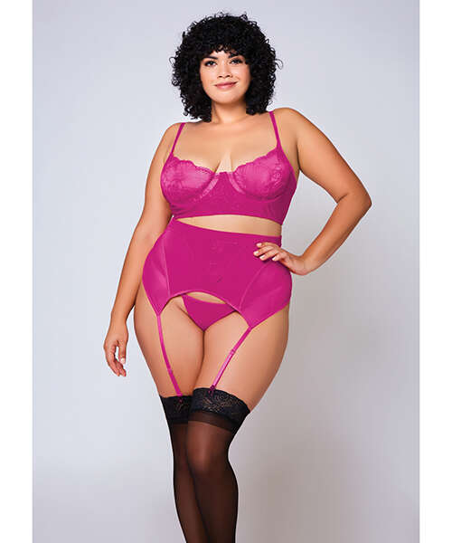 Soft Lace Bra, High Waist Satin & Mesh Garterbelt & G-String Fuchsia 1X