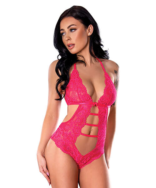 Get It Girl Lace Halter Teddy w/Snap Crotch - Pink L/XL