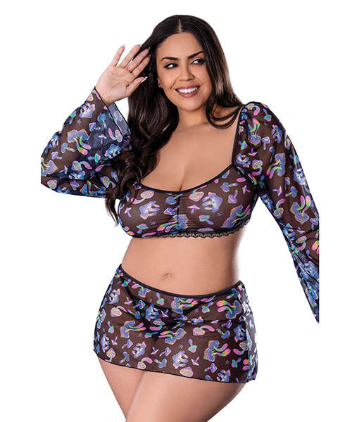 Hazy Dayz Shrooms Crop Top w/Skirt & Thong - Black QN