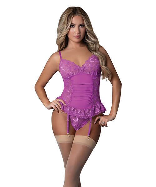 Butterfly Fantasies Gathered Corset w/Cheeky Panty & Attached Garters 2 pc Set - Neon Purple L/XL