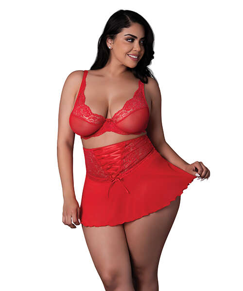Sugar High Bralette w/Cincher Skirt & Thong 3 pc Set - Red QN
