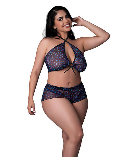 Hazy Dayz Butterfly Blacklight Reflective Halter Top & Short 2 pc Set - Black Multi QN
