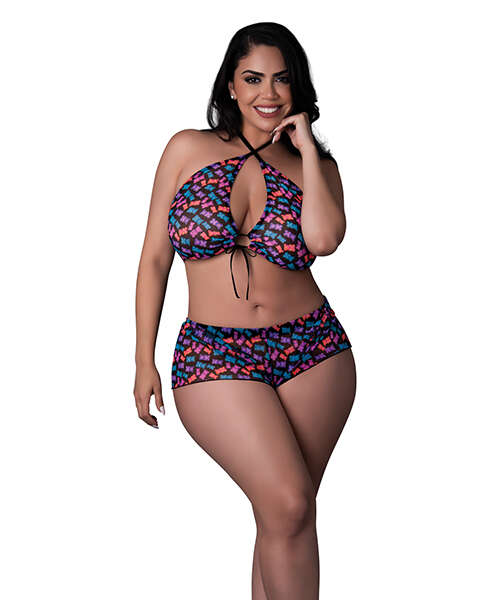 Hazy Dayz Gummy Bear Blacklight Reflective Halter Top & Short 2 pc Set - Multi QN