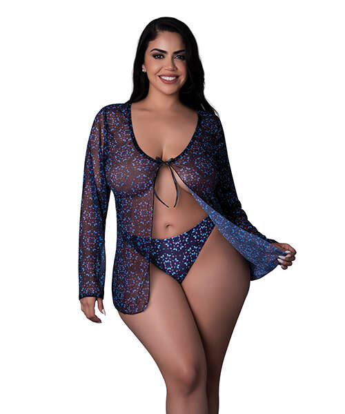 Hazy Dayz Butterfly Blacklight Reflective Tie Front Top & Thong 2 pc Set - Black Multi QN