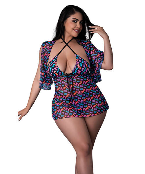 Hazy Dayz Gummy Bears Blacklight Reactive Halter Top w/Thong & Dress 3 pc Set - Multi QN