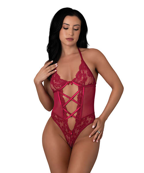 Black Cherry Halter Teddy - Red S/M