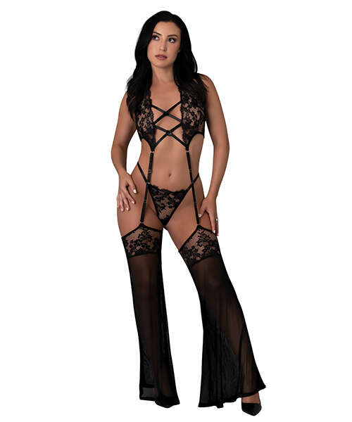 Black Cherry Plunge Top w/Removable Chaps & Cheeky Panty Set - Black S/M