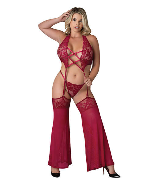 Black Cherry Plunge Top w/Removable Chaps & Cheeky Panty Set - Red QN