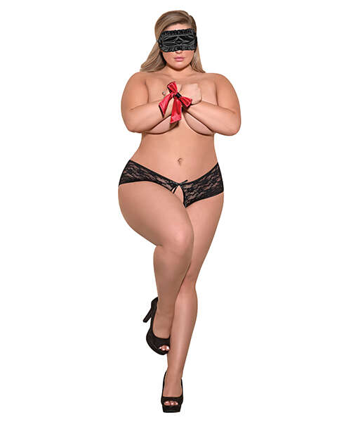 Love & Bondage Split Back Lace Booty Short, Blindfold & Wrist Ties Black QN