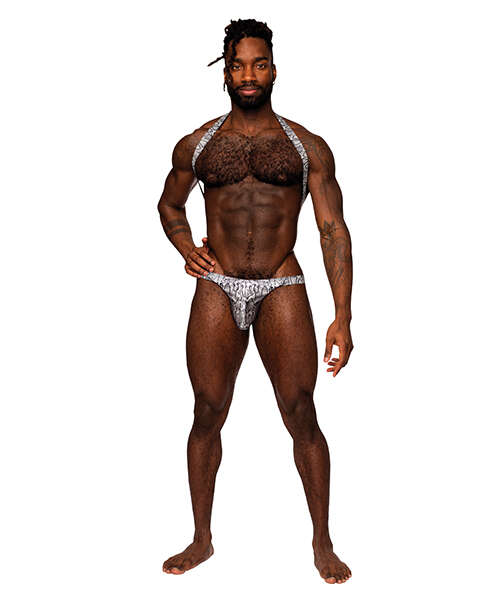 Snaked Metallic Coated Shoulder Sling Harness Thong Silver/Black S/M