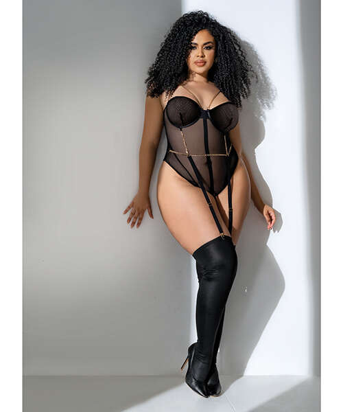 Mesh Bodysuit w/Gold Chain Detail Black 3X/4X