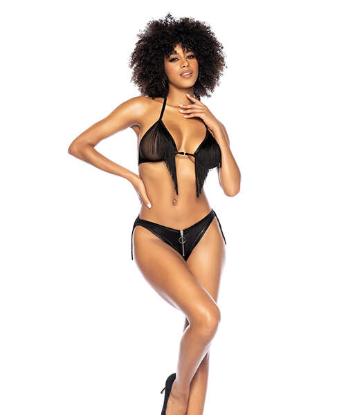 Fringe Halter Top & Open Back Bottom w/Front Zipper Black L/XL