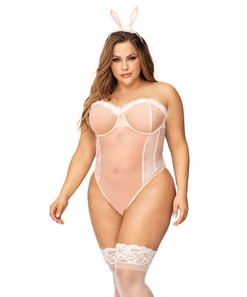 Sexy Bunny Underwire Bodysuit w/Lace Up Back & Head Piece Pink 1X/2X