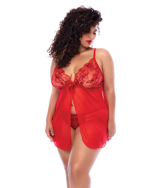 Sequin Embellished Babydoll w/G-String - Red 3X/4X