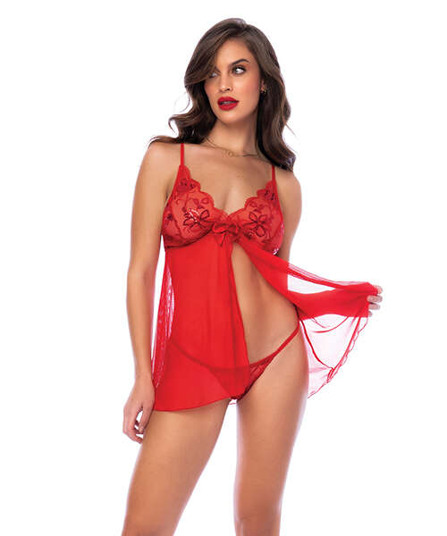 Sequin Embellished Babydoll w/G-String - Red L/XL