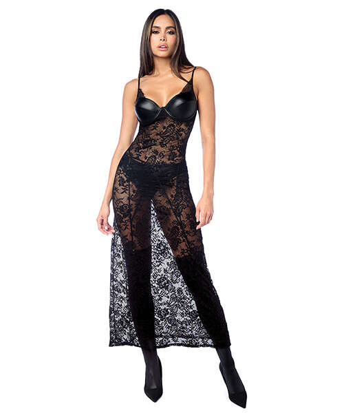Lace Underwire Long Gown w/Panty & Garter Belt 2 pc Set (Stockings not Included) - Black S/M