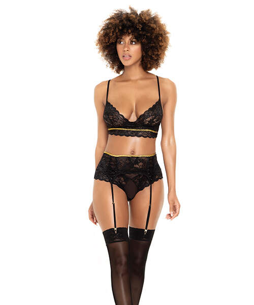 Lace Underwire Bra, Thong & Garterbelt w/Lace Up Detail Black S/M