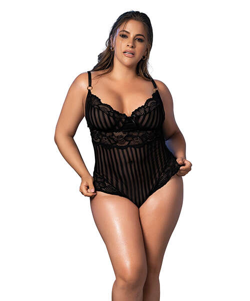 Shadow Stripe & Lace Teddy w/Hook & Eye Closure Black 2X/3X