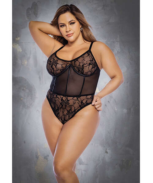 Floral Lace & Mesh Underwire Bodysuit w/Lace Up Back Black 3X/4X