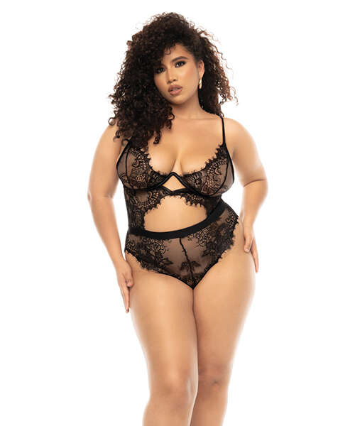 Floral Lace & Mesh Underwire Teddy w/Keyhole Details Black 1X/2X