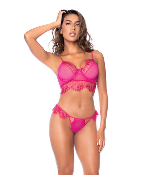 Scallop Lace and Mesh Underwire Bra w/Thong 2 pc Set - Pink L/XL