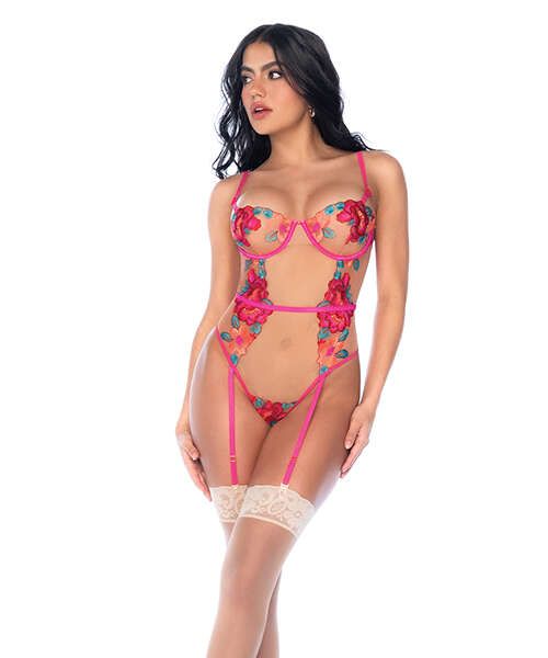 Seductive Garden Floral Mesh Teddy w/Attached Garters - Multi-Color L/XL