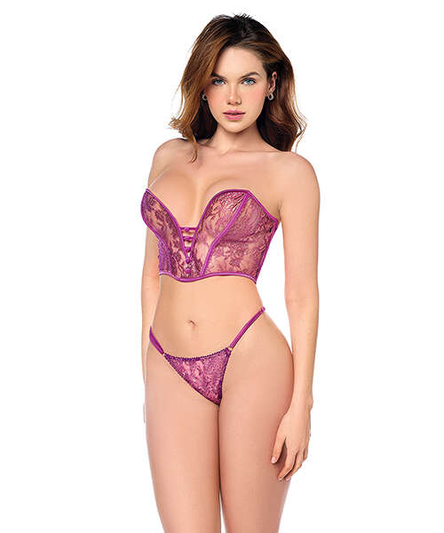 Mesh Bustier & G-String w/Adjustable Sides 2 pc Set - Pink L/XL