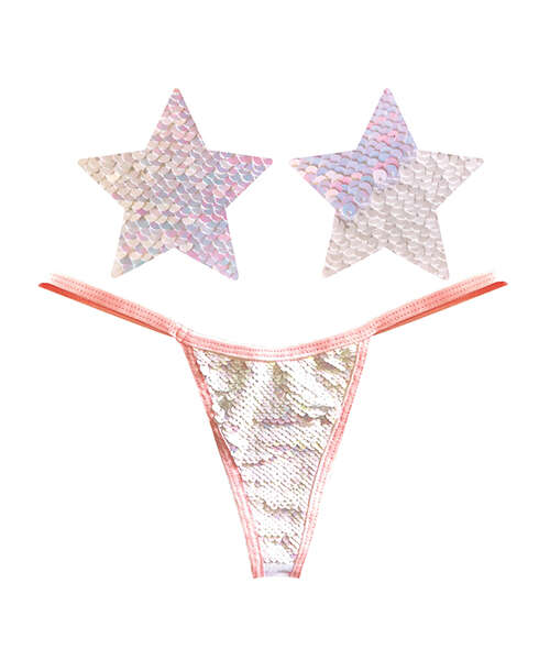Neva Nude Naughty Knix Princess Bride Flip Sequin G-String & Pasties - Pink/White O/S
