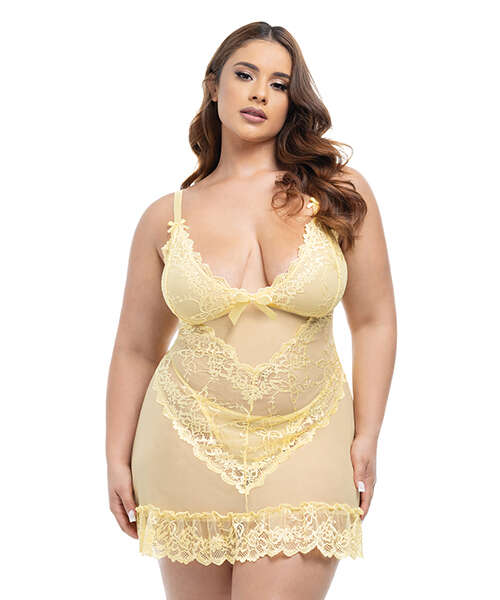 Valentine Lacey Babydoll w/G-String - Pale Banana 1X/2X