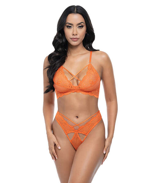 Amina Scallop Lace & Mesh Bralette w/Panty 2 pc Set - Dragon Fire Orange L/XL