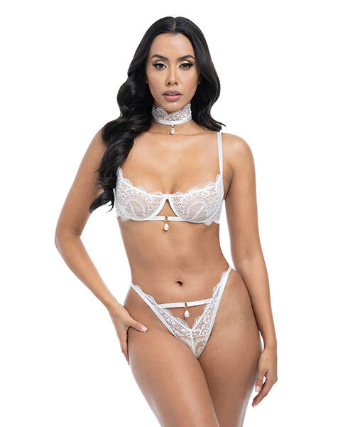 Pearla Lace Underwire Bra & Open Back Panty w/Matching Collar 3 pc Set - White S/M
