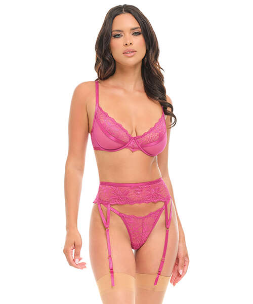 Julia Lace & Mesh 3 pc Set w/G-String - Rose L/XL
