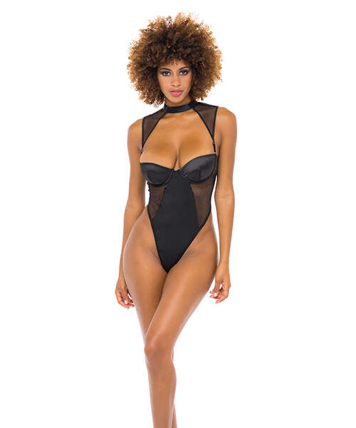 Josephine High Leg Teddy w/Removable Fishnet Collared Harness Black LG