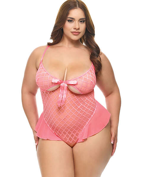 Aubrielle Diamond Mesh Underwire Teddy - Pink 1X