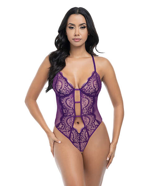 Carmen Lace & Mesh Underwire Crotchless Teddy - Imperial Purple S/M