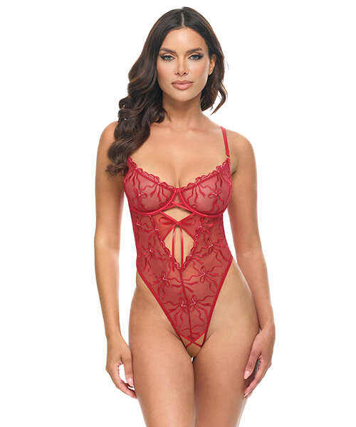 Mariah Embroidered Mesh Underwire Teddy - Burgundy LG