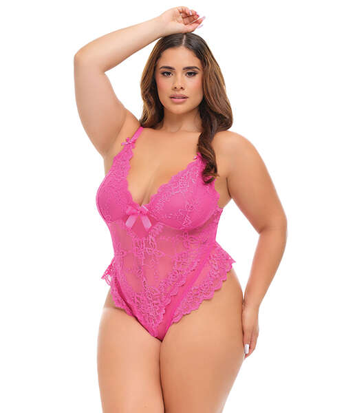 Valentine Lace Teddy w/Bow Details - Rose 1X/2X